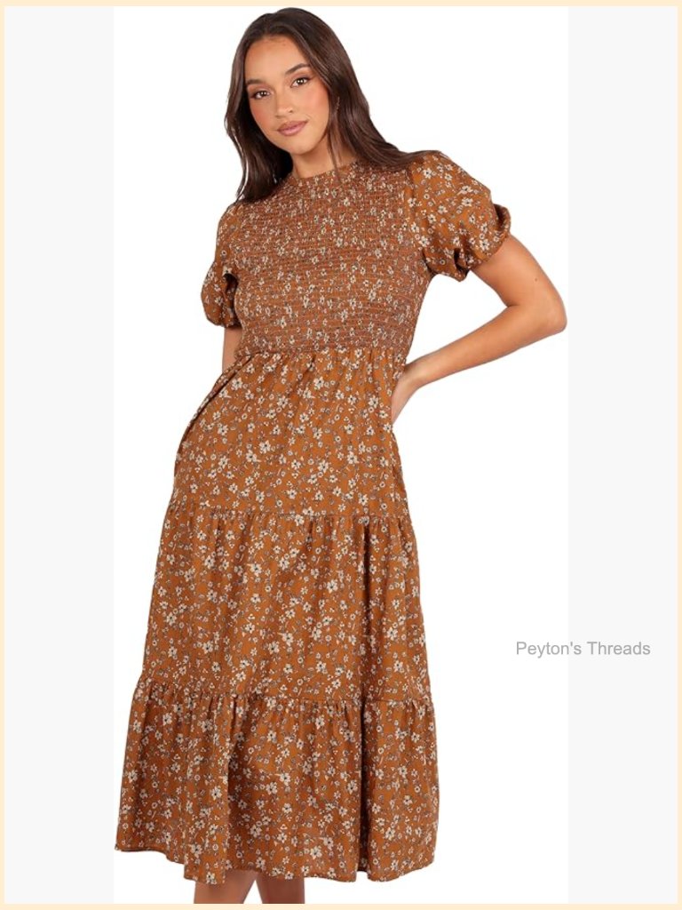 Shirred Tiered Midi Dress With Pockets Pull On Fit & Flare